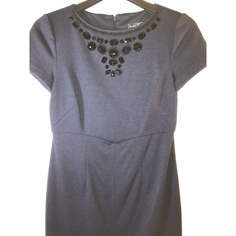 jessica howard 6 navy short sleeve beaded neckline classic knit dress‎